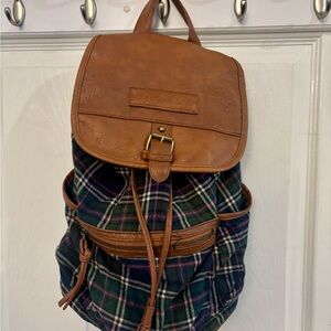 American Eagle Outfitters Blue Plaid W/camel Brown Backpack